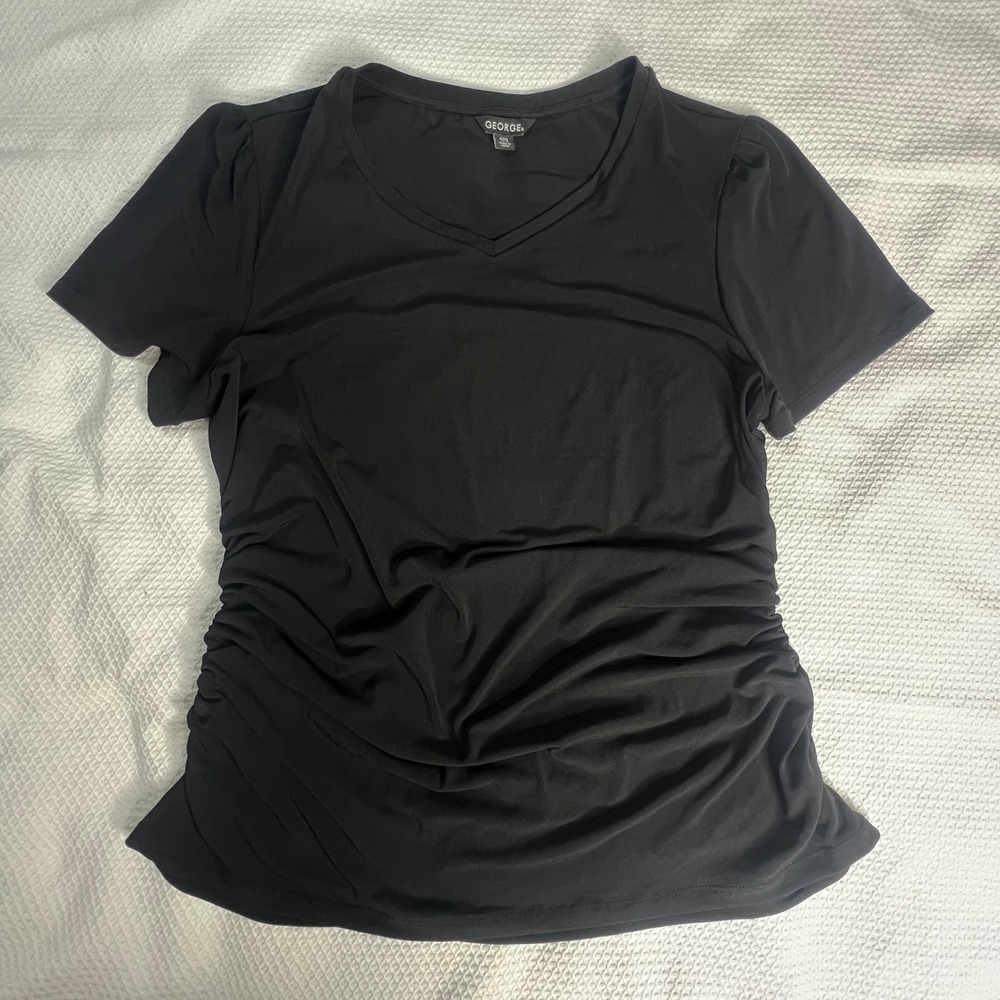 George‎ Womens XL Black Ruched Side V-Neck Short Puff Sleeve Top